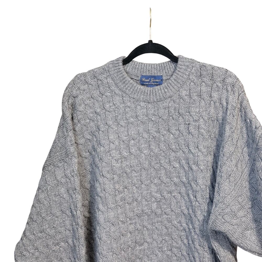Vintage Paul James gray 100% wool men’s sweater XL England cable knit grandpa - Picture 8 of 8